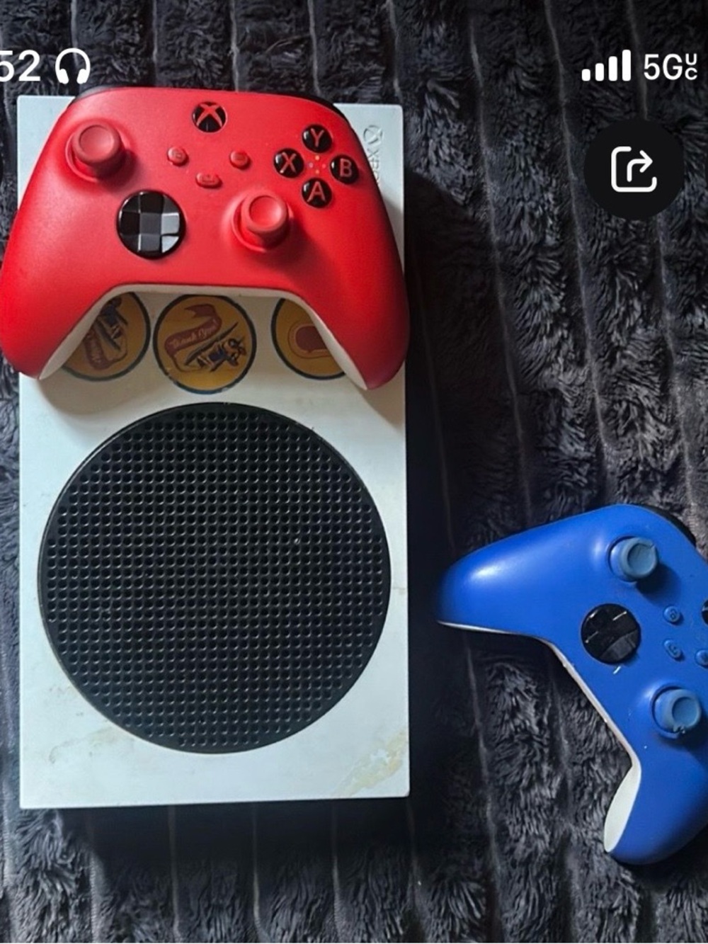 Xbox Series S Console with Red and Blue Wireless Controllers